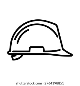 A simple black outline icon of a hard hat, commonly used for safety and protection in construction and industrial environments. This graphic represents workplace safety gear.