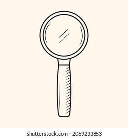 Simple black outline icon of magnifier. Symbol of research and investigation. Doodle loupe drawing. Vector illustration of zoom lens