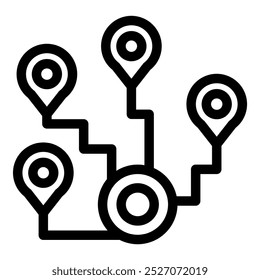 Einfaches schwarzes Umrisssymbol einer Karte mit verbundenen Pin-Positionen, die eine Reise oder Route darstellen