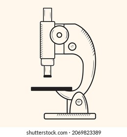 Einfache schwarze Umrisssymbol des Mikroskops. Symbol der Wissenschaft. Lab experiment doodle Vektorgrafik. Pharmakologie, Mikrobiologie, biochemische Elemente. DNA-Expertise. Virusanalyse