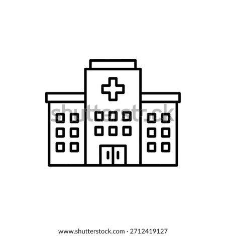 Simple black outline icon of a modern hospital building with a cross symbol
