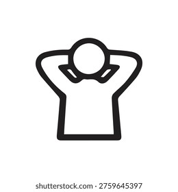 A simple black outline icon of a person relaxing with their hands behind their head. This minimalist vector graphic represents rest calm and taking a break.