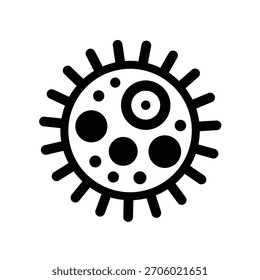 Simple black outline icon representing a microorganism like a virus, bacterium, or germ, featuring a circular body with multiple spikes and internal circular structures, perfect for medical or science