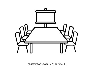 Ícone simples de contorno preto representando uma configuração de sala de reunião ou conferência. Possui uma mesa retangular rodeada por cadeiras, com uma tela de projetor montada acima da mesa, todas isoladas em um w limpo