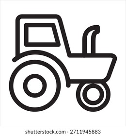 Un simple icono de contorno negro que representa un tractor, comúnmente utilizado en contextos agrícolas o agrícolas. La Imagen presenta el cuerpo principal, la Grande rueda trasera, la Pequeña rueda delantera y el tubo de escape, presentados