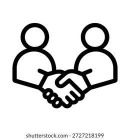 Icono de contorno negro simple que representa un apretón de manos de negocios entre dos figuras, que simboliza el Acuerdo, la sociedad o un acuerdo exitoso. Aislado sobre fondo blanco.