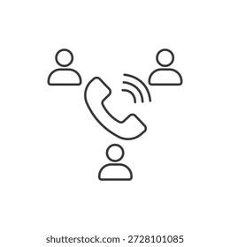 Icono de contorno negro simple que representa una llamada de conferencia grupal o una reunión telefónica multipersona. Tres siluetas de usuario rodean un símbolo de teléfono sonando, indicando comunicación de voz activa