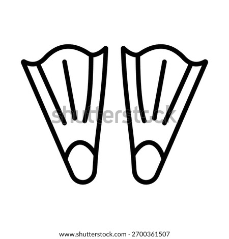 Simple black outline icon representing a pair of swim fins (flippers) with open foot pockets. Essential gear for swimming, snorkeling, or diving activities.
