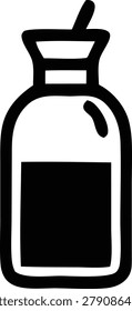 Simple black outline icon showing glass bottle with liquid inside and cork stopper design flat graphic element suitable for culinary or scientific laboratory storage imagery.