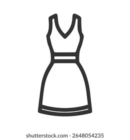 Simple black outline icon of a sleeveless a line dress with a v neckline