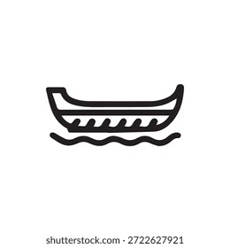 A simple black outline icon of a small boat floating on abstract waves. Ideal for design elements representing water travel, leisure, or marine themes.