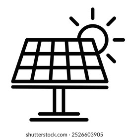 Simple black outline icon of a solar panel with sunlight, representing renewable energy and sustainability in a minimalistic design. Editable stroke.