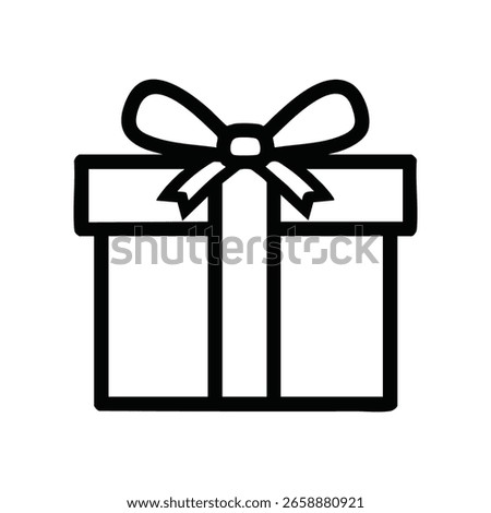 A simple black outline icon of a square present. The box is wrapped with a ribbon tied into a decorative bow with two loops and tails on the lid.