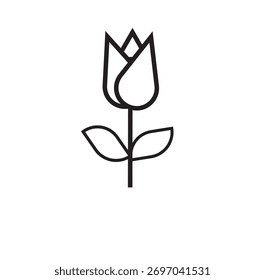 Einfaches schwarzes Umrisssymbol einer stilisierten Tulpenblume mit Stamm und Blättern.