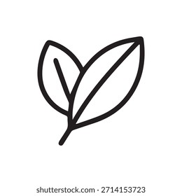 Icono de contorno negro simple de dos hojas ideal para representar la sostenibilidad de la naturaleza, productos veganos y conceptos botánicos en el diseño digital.