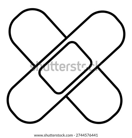 Simple black outline icon of two crossed adhesive bandages on a white background. This minimalist vector illustration represents first aid, injury care, and medical treatment.