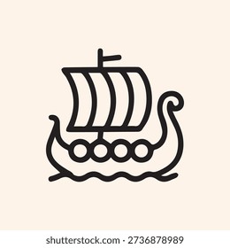 A simple black outline icon of a Viking longship or Drakkar. This minimalist graphic shows the historical Scandinavian boat sailing on waves.