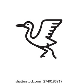 A simple black outline icon of a wading bird, like a stork or crane, with its wings spread. This minimalist vector graphic is on a white background.