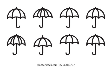 Simple black outline icons of eight umbrellas arranged in two rows on a clean white background