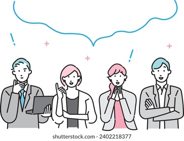 Simple black outline icons set-Illustration of a group of business people looking at a thought bubble- solved problem, and succeed