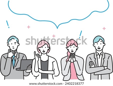 Simple black outline icons set-Illustration of a group of business people looking at a thought bubble- solved problem, and succeed