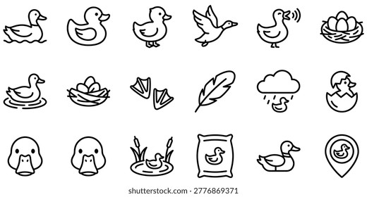 Simple black outline icons showing swimming duck flying bird nest with eggs hatchling feathers animal tracks pond and duck food.
