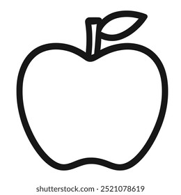 A simple black outline illustration of an apple with a leaf.