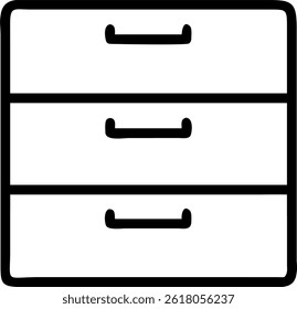 A simple black outline illustration of a chest of drawers with three drawers and minimalist design icon.