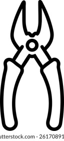 A simple black outline illustration of cutting pliers, tool for gripping and cutting, on white background