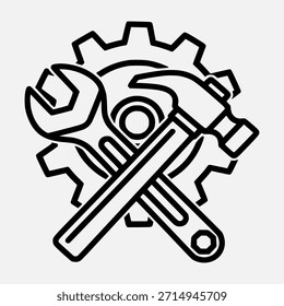 Uma ilustração simples em contorno preto com uma chave cruzada e um martelo na frente de uma engrenagem grande, simbolizando ferramentas, reparo e configurações.
