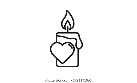 Um simples esboço preto ilustração com uma vela iluminada com uma cera em forma de coração e uma chama ardente, simbolizando amor, esperança, iluminação espiritual e tranquilidade em um estilo minimalista