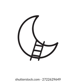 A simple black outline illustration featuring a crescent moon with a ladder leaning against it. Symbolizes aspirations dreams and reaching for the sky.