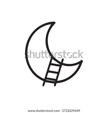 A simple black outline illustration featuring a crescent moon with a ladder leaning against it. Symbolizes aspirations dreams and reaching for the sky.