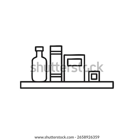 A simple black outline illustration of a floating shelf holding a bottle, two books of different sizes, and a small square object.