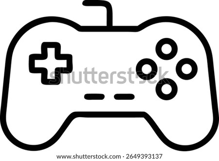 A simple black outline illustration of a game controller with a directional pad and four round buttons.