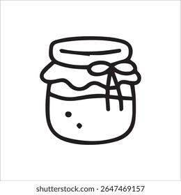 Um simples esboço preto ilustração de um jarro, possivelmente contendo geleia, geleia ou mel, com uma cobertura de tecido presa por um arco decorativo. Ideal para projetos relacionados com alimentos, ícones ou temas rústicos.