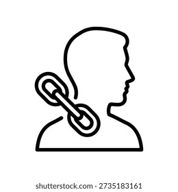Simple black outline illustration of a man with a chain around his neck, symbolizing captivity or restriction, on a white background.