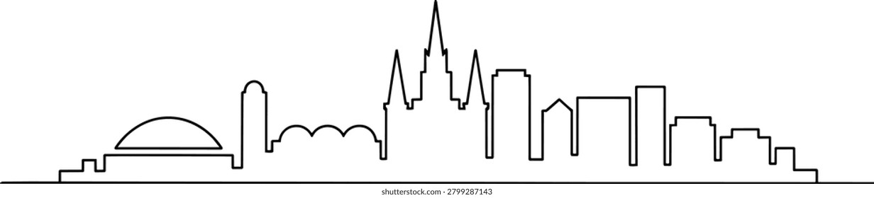 A simple black outline illustration of the New Orleans, Louisiana cityscape. It features famous architectural landmarks and distinct city buildings rendered in a clean.