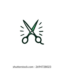 Simple black outline illustration of scissors with a splash of green
