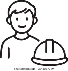 A simple black outline illustration of a smiling construction worker with a hard hat, isolated on a white background.