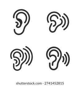 Simple black outline illustrations of ears, some showing sound waves, representing the sense of hearing and audio.