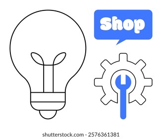 A simple black outline of a light bulb next to a gear with a blue wrench inside and a blue speech bubble with the word Shop. Ideal for business, innovation, e-commerce, repair services, and creative