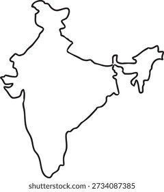 Simple black outline map clearly shows the geographical shape and borders of the entire country of India suitable for educational or design projects.