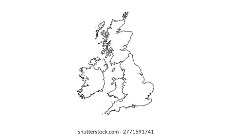 a simple black outline map of great britain and ireland on a white background showing the geographical shapes of england scotland wales and northern ireland