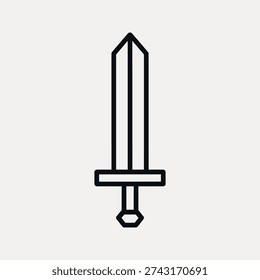 A simple black outline of a medieval sword with a hexagonal pommel against a light gray background