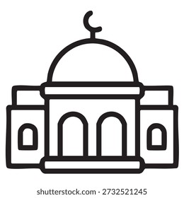 Simple black outline mosque icon representing Islamic architecture, worship, prayer, and religious identity in minimal flat icon styl