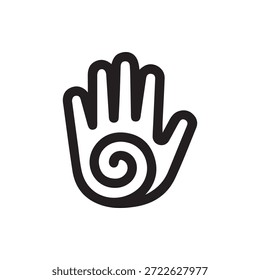 Um simples esboço preto de uma mão aberta com um padrão espiral distinto no centro da palma evocando temas de proteção da espiritualidade e expressão criativa.