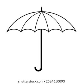 A simple black outline of an open umbrella with a curved handle. Ideal for weather, protection, rain, graphics, minimalism. Outline, monochrome style.