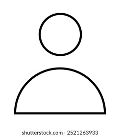 A simple black outline of a person with a circular head and semi-circle body. Ideal for user profiles, avatars, websites, apps, contact cards, social media. Simple and minimalist style