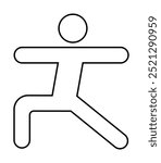 A simple black outline of a person performing a yoga warrior pose. Ideal for yoga, fitness, wellness, health, and mindfulness themes. Clean lines and minimalist style.